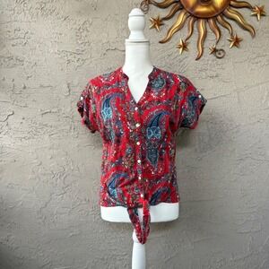 Dressbarn Womens Paisley Print Tie Front Short Sleeve Top - Size M